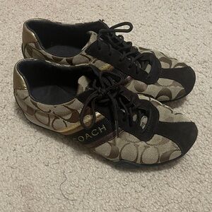 Coach Tan and Gold Lace-Up Sneakers